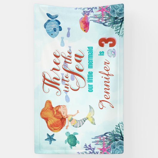 Drie in het Zee Zeemeermin Meisjes 3e Verjaardag Spandoek (Verticaal)