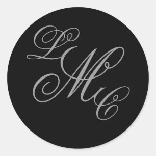 Drie Initiaal Monogram Zwart Grijs Bruiloft Sticke Ronde Sticker