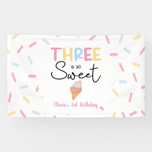 Drie is zo lief ijs 3e verjaardagsfeest spandoek (Horizontaal)