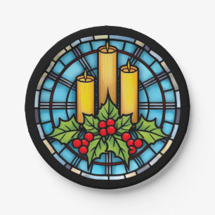 Drie kaarsen met hulst kerst glas in lood  papieren bordje