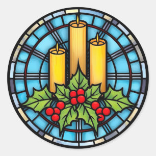 Drie kaarsen met hulst kerst glas in lood ronde sticker
