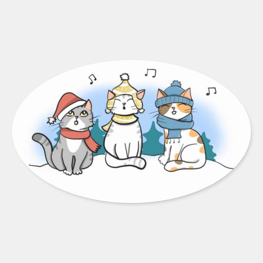 Drie katten die kerstmanolen zingen in de sneeuwce ovale sticker (Voorkant)
