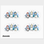 Drie katten die kerstmanolen zingen in de sneeuwce ovale sticker (Vel)
