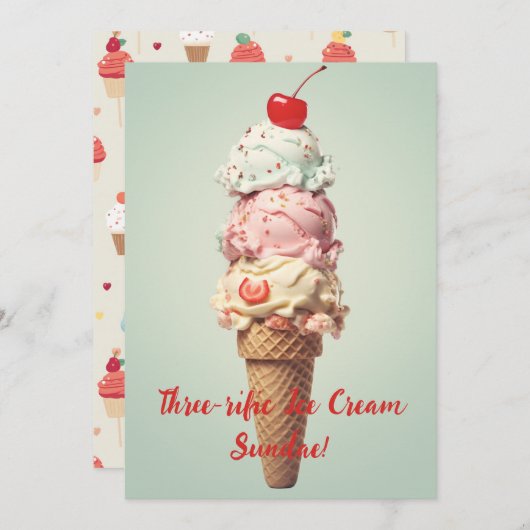 Drie keer leuke ijs-sundae verjaardagskaart kaart (Voorkant / Achterkant)