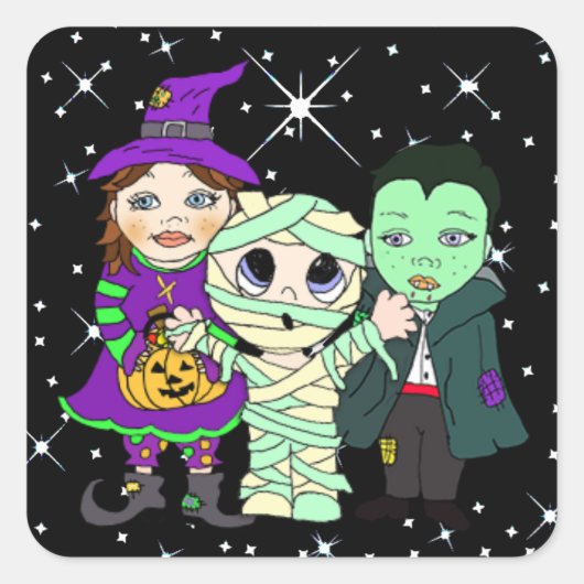 Drie Kinderen in Halloween Costume Vierkante Sticker (Voorkant)