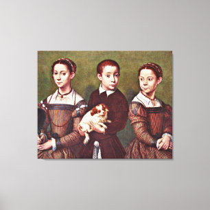 Drie Kinderen met Dog, mooi kunstschilderij Canvas Afdruk