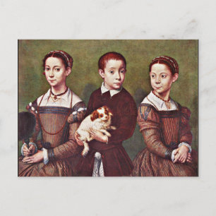 Drie kinderen met hond, schilderij van fijne kunst briefkaart