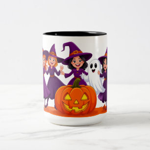 Drie kleine heksen dansen rond een pompoen 🎃 tweekleurige koffiemok
