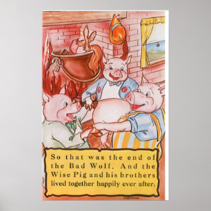 Drie Kleine Varkens Koken Wolf, Vintage Sprookje Poster