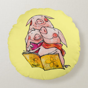 Drie Kleine Varkens lezen graag Round Pillow Rond Kussen