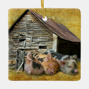 Drie kleine varkens op de bijtende schuur keramisch ornament