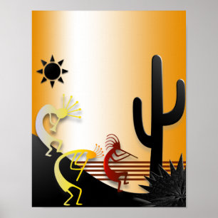 Drie Kokopellis en een Cactus Poster