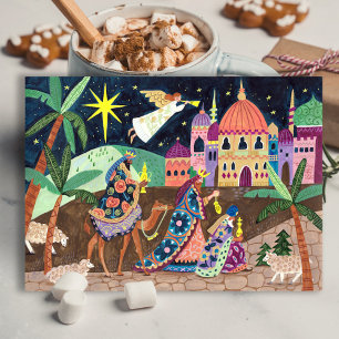 Drie Koningen met ster en geschenken op een speels Feestdagenkaart