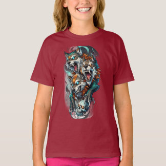 Drie-koppige Wolf Girls T-shirt – Mythic Guardian