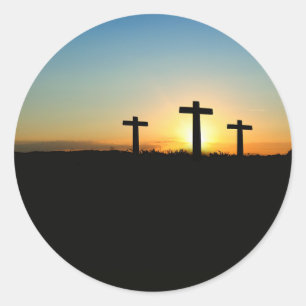 Drie kruizen zonsondergang Jezus-stickers Ronde Sticker