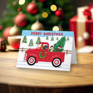 Drie Labradors Rode Truck Kerstmis Feestdagen Kaart