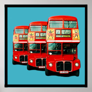 Drie Londense bussen op Turquoise Background Poster