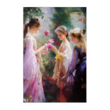 Drie meisjes spelen in een tuin