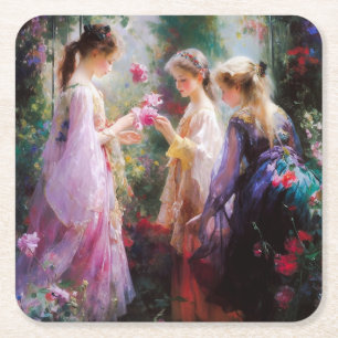 Drie meisjes spelen in een tuin vierkante kartonnen onderzetter