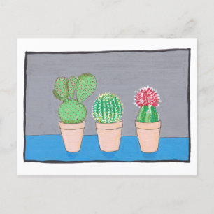 Drie mexicaanse cactussen in potten, originele kun briefkaart