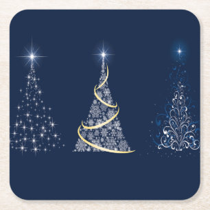 Drie Moderne Kerstbomen van de Kunst op Blauw Vierkante Kartonnen Onderzetter