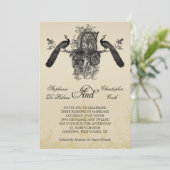 Drie Monogram Peacocks Vintage Wedding Uitnodiging (Staand voorkant)