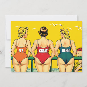 Drie mooie vrouwen in bikini op een strand, grappi save the date