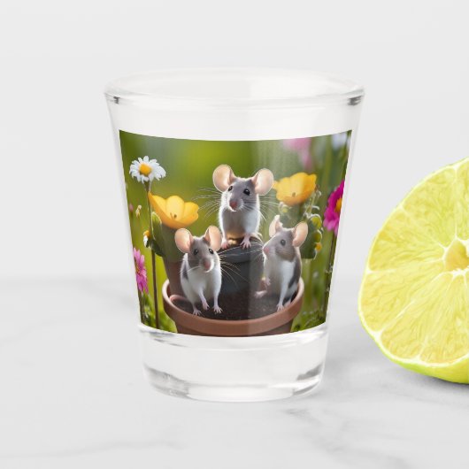 drie muizen in bloempotten, shot glas (Voorkant)
