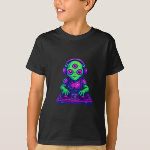 Drie-ogige Alien DJ – Retro Pixel Beatmaster T-shirt