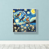 Drie Oosterse Blauwvogels Van Gogh Art Canvas Afdruk (Insitu (Houten vloer))