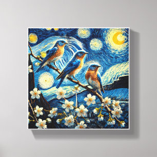 Drie Oosterse Blauwvogels Van Gogh Art Canvas Afdruk
