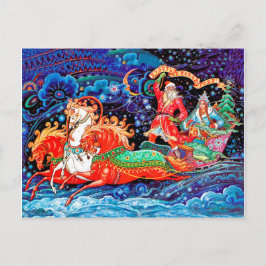 Drie paarden chariot brengt nieuwjaar en kerstman  briefkaart