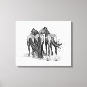 Drie paarden in potlood, paardenkunst canvas afdruk