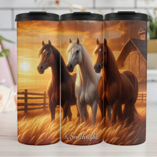 Drie Paarden Schuur Zonsondergang Veld Thermosbeker