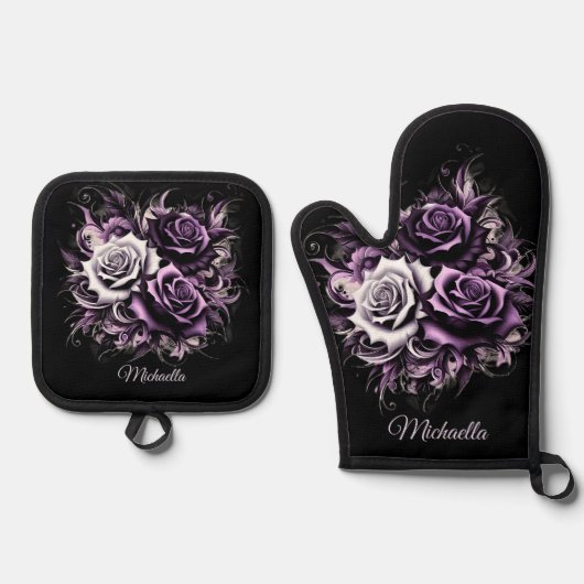 Drie Paarse Rozen Ovenwant & Pannenlap Set (Voorkant)