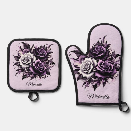 Drie Paarse Rozen Ovenwant & Pannenlap Set (Voorkant)