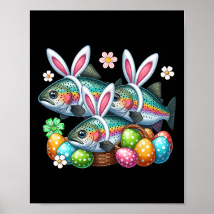 Drie Paashaas Forel Vissen Jacht Eieren Schets Poster