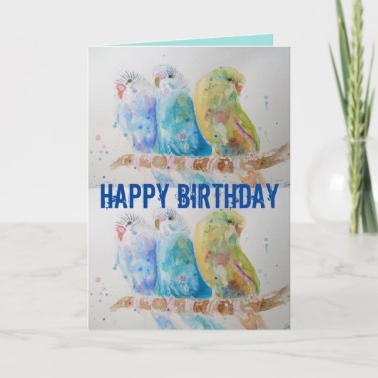 Drie parkieten zittend blauwe parkiet aquarel kaar kaart (Voorkant)