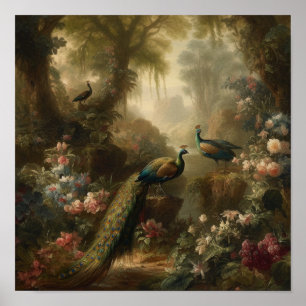 Drie pauwen in betoverd bos olieverfschilderij poster