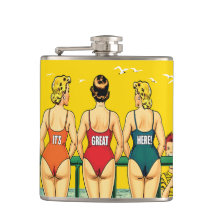 Drie pin-up meisjes van achteren, strand humor, gr