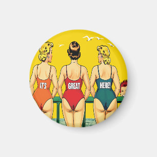 Drie pin-up meisjes van achteren, strand humor, gr magneet