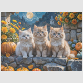 Drie pluizige herfst Kittens met pompoenen en mama Tissuepapier