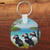 Drie Puffin Birds Oil Paint, Keyring Sleutelhanger (Achterkant)