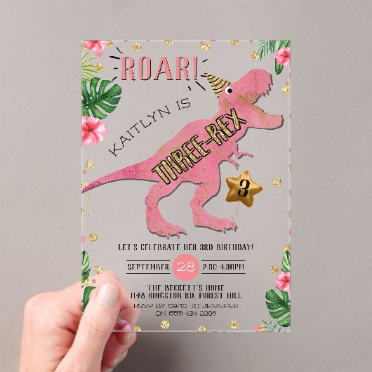 Drie-Rex Dinosaur 3de Verjaardag Acryl Uitnodigingen (Insitu (Draagbaar))