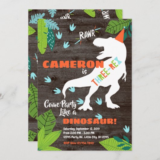 Drie-rex Dinosaur 3e verjaardag uitnodiging (Voorkant / Achterkant)