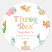 Drie Rex Dinosaurus 3e Derde Verjaardagsfeest Ronde Sticker (Voorkant)