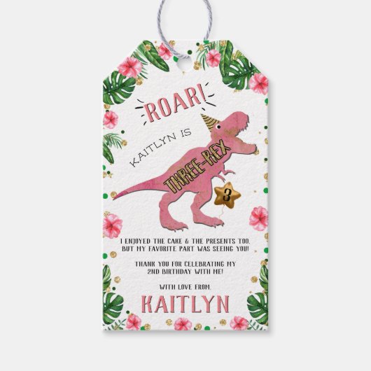 Drie-Rex Dinosaurus 3e Verjaardag Partij Dank u Gi Cadeaulabel (Voorkant)