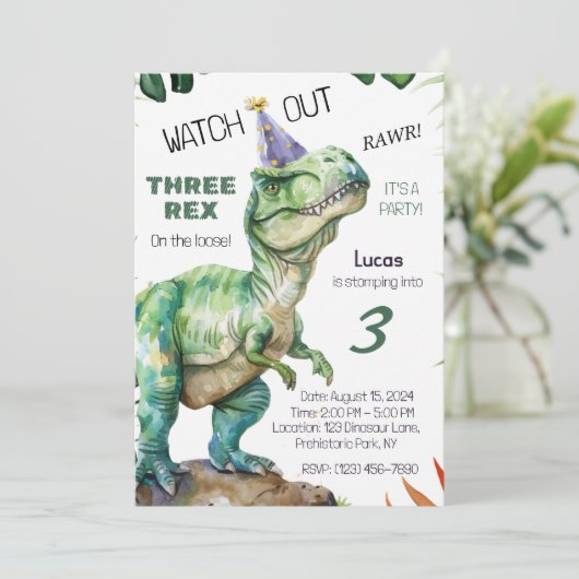 Drie Rex Dinosaurus Verjaardag Uitnodiging (Staand voorkant)