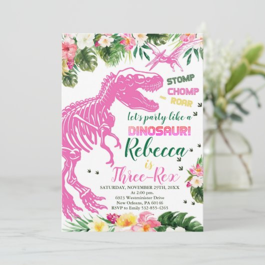 Drie-Rex Dinosaurus Verjaardagsfeest, Dino T-Rex Kaart (Staand voorkant)