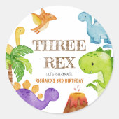 Drie Rex Kinder Dinosaurus 3e Verjaardagsfeest Ronde Sticker (Voorkant)